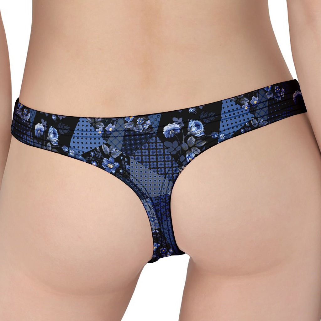 Blue Flower Patchwork Pattern Print Women's Thong