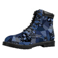 Blue Flower Patchwork Pattern Print Padded Collar Lace Up Boots