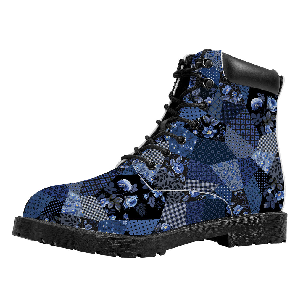 Blue Flower Patchwork Pattern Print Work Boots