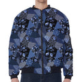 Blue Flower Patchwork Pattern Print Zip Sleeve Bomber Jacket