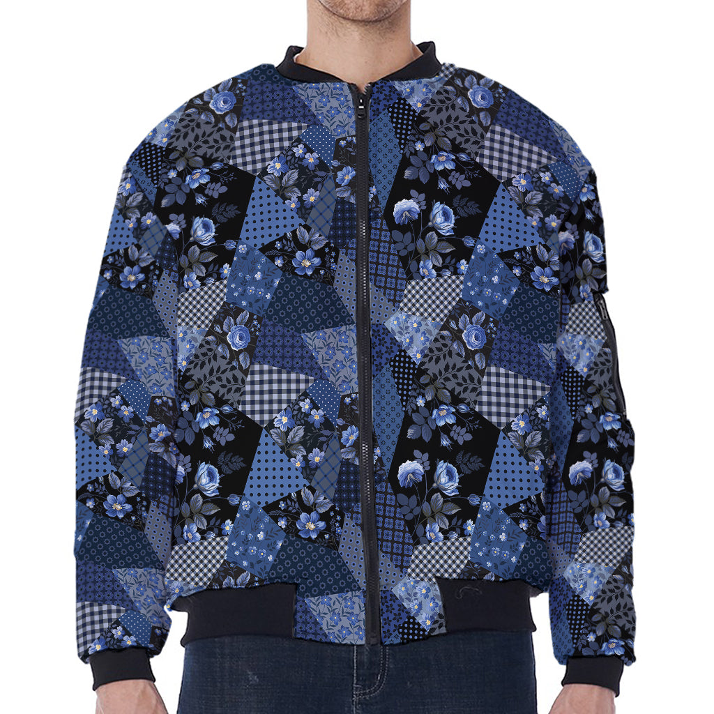 Blue Flower Patchwork Pattern Print Zip Sleeve Bomber Jacket