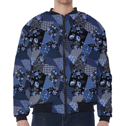 Blue Flower Patchwork Pattern Print Zip Sleeve Bomber Jacket