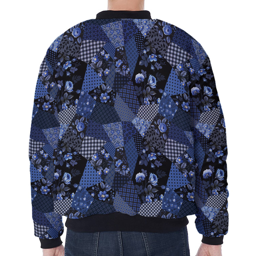 Blue Flower Patchwork Pattern Print Zip Sleeve Bomber Jacket