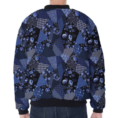 Blue Flower Patchwork Pattern Print Zip Sleeve Bomber Jacket