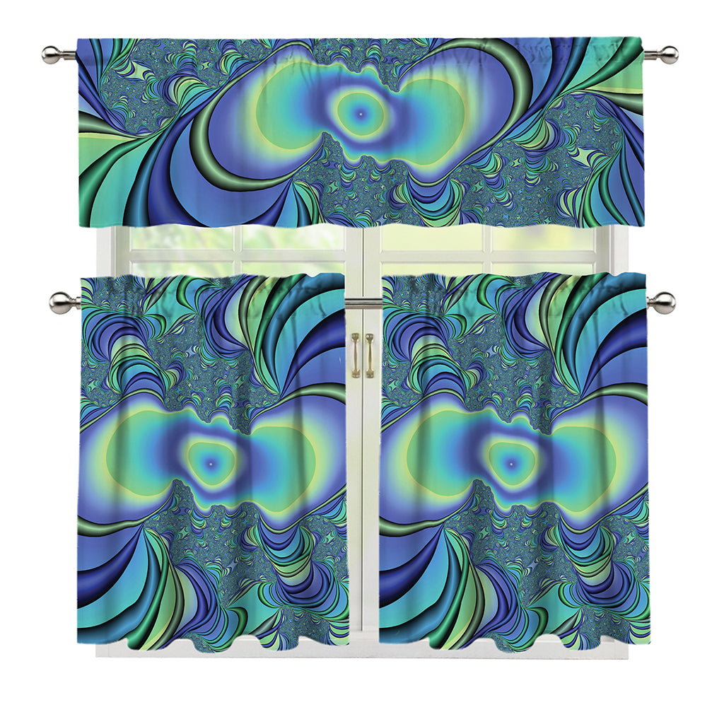 Blue Fractal Print 3 Piece Kitchen Curtains