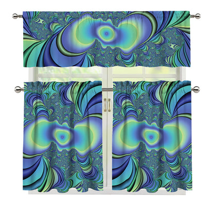Blue Fractal Print 3 Piece Kitchen Curtains