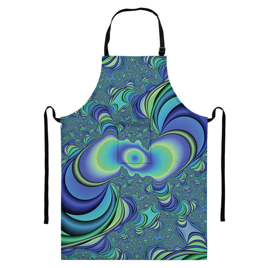 Blue Fractal Print Bib Apron With Pocket