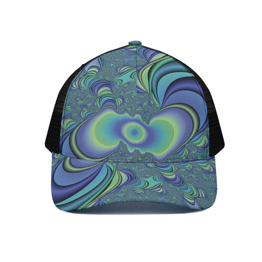 Blue Fractal Print Black Mesh Trucker Cap