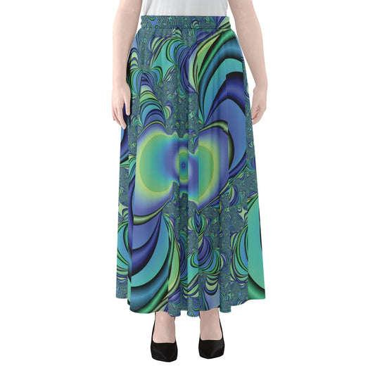 Blue Fractal Print Chiffon Maxi Skirt