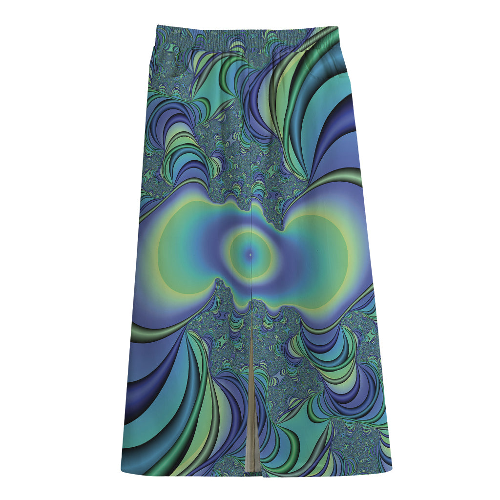 Blue Fractal Print Cotton Front Slit Maxi Skirt