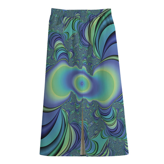 Blue Fractal Print Cotton Front Slit Maxi Skirt