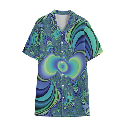 Blue Fractal Print Cotton Hawaiian Shirt