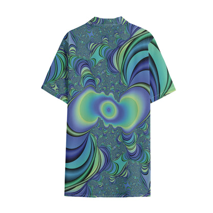 Blue Fractal Print Cotton Hawaiian Shirt