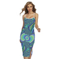 Blue Fractal Print Cross Back Cami Dress