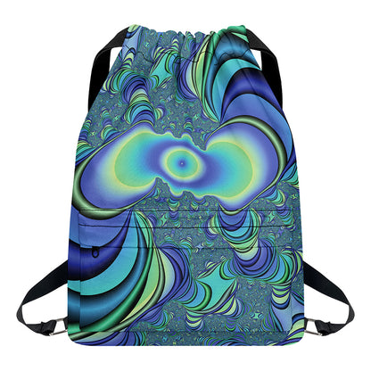 Blue Fractal Print Drawstring Backpack