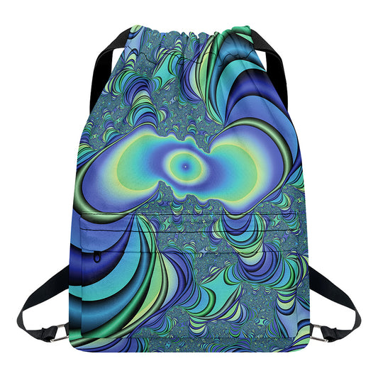 Blue Fractal Print Drawstring Backpack