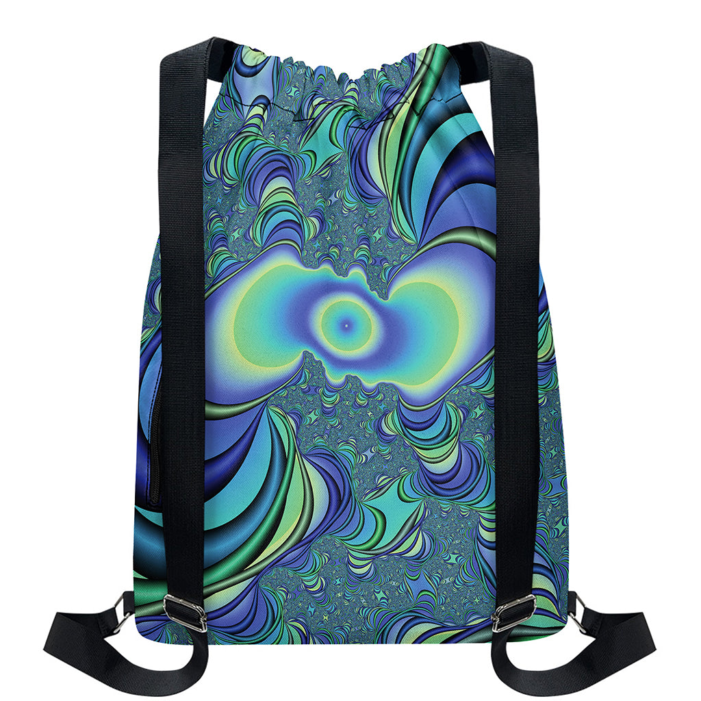 Blue Fractal Print Drawstring Backpack