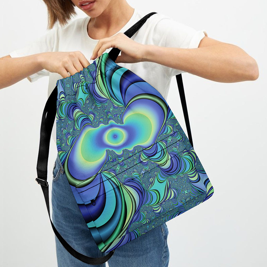Blue Fractal Print Drawstring Backpack
