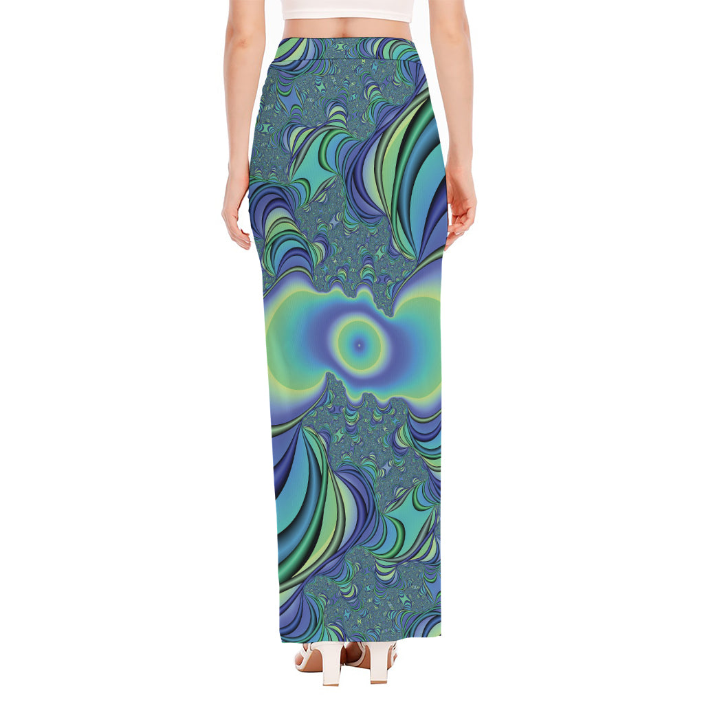 Blue Fractal Print High Slit Maxi Skirt