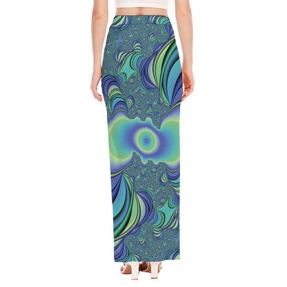 Blue Fractal Print High Slit Maxi Skirt