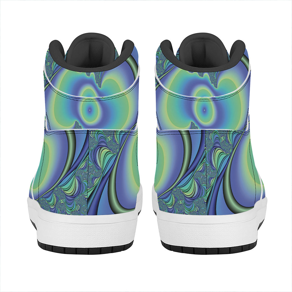 Blue Fractal Print High Top Leather Sneakers