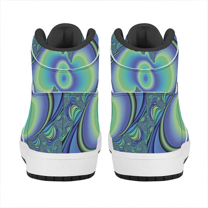 Blue Fractal Print High Top Leather Sneakers