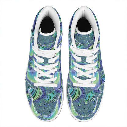 Blue Fractal Print High Top Leather Sneakers