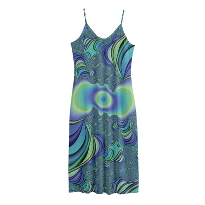 Blue Fractal Print Jersey Midi Cami Dress