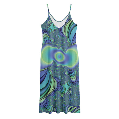 Blue Fractal Print Jersey Midi Cami Dress
