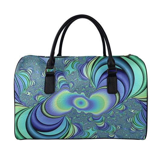 Blue Fractal Print Leather Duffle Bag
