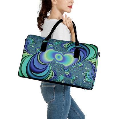 Blue Fractal Print Leather Duffle Bag