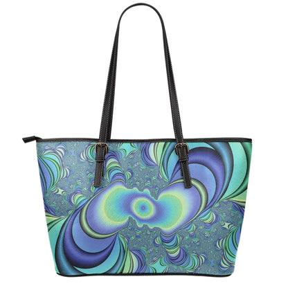 Blue Fractal Print Leather Tote Bag