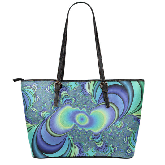Blue Fractal Print Leather Tote Bag