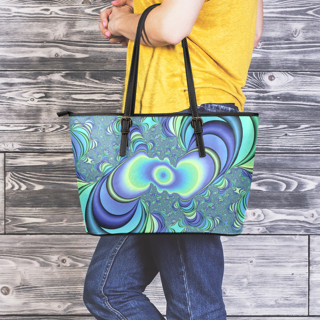 Blue Fractal Print Leather Tote Bag