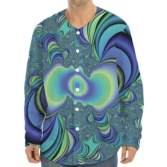 Blue Fractal Print Long Sleeve Baseball Jersey