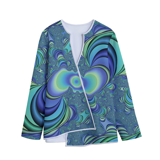 Blue Fractal Print Long Sleeve Short Coat