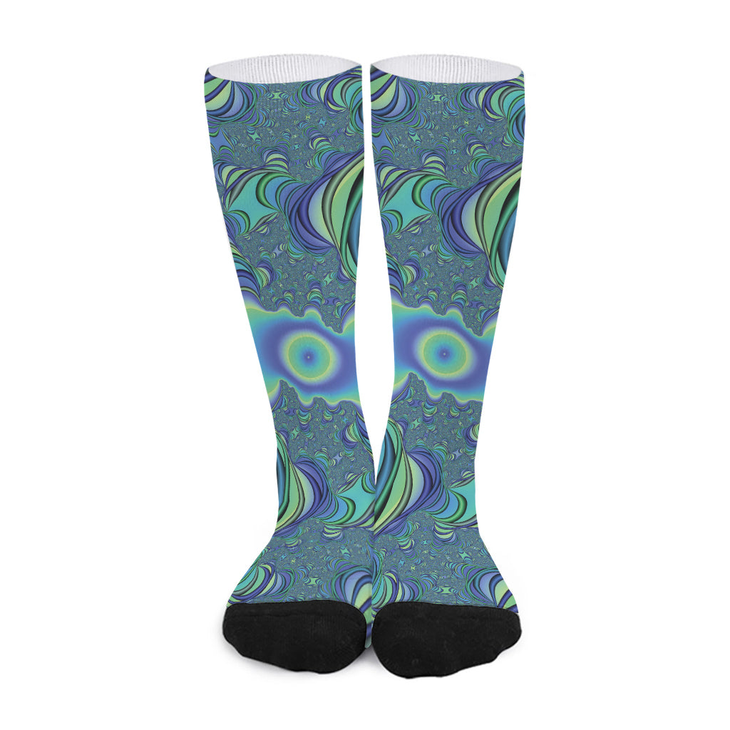 Blue Fractal Print Long Socks