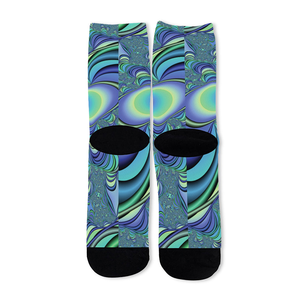 Blue Fractal Print Long Socks