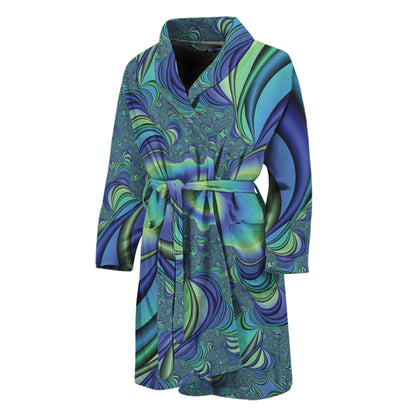 Blue Fractal Print Men's Bathrobe