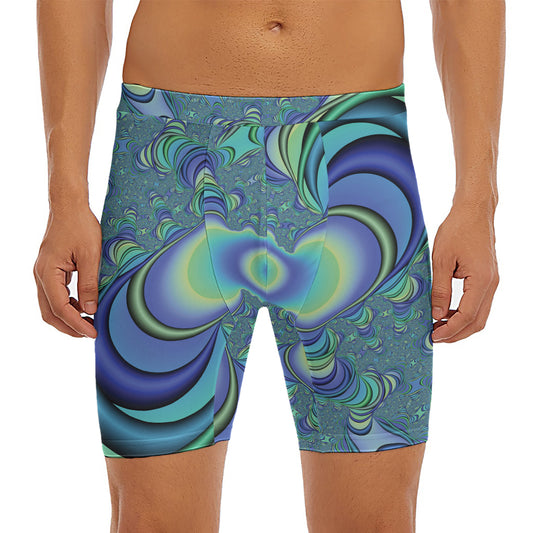 Blue Fractal Print Men's Long Boxer Briefs