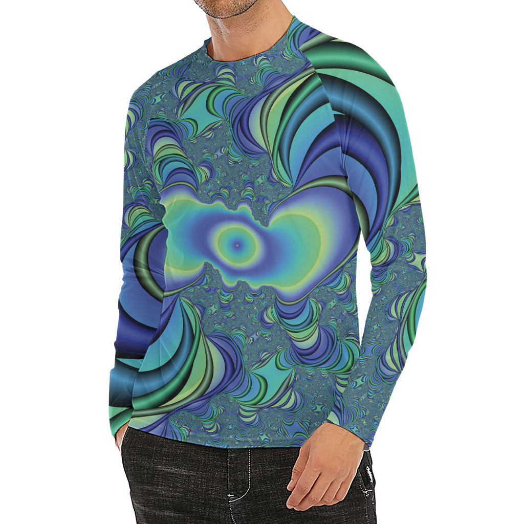Blue Fractal Print Men's Long Sleeve Rash Guard