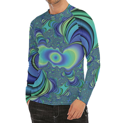 Blue Fractal Print Men's Long Sleeve Rash Guard