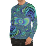 Blue Fractal Print Men's Long Sleeve Rash Guard