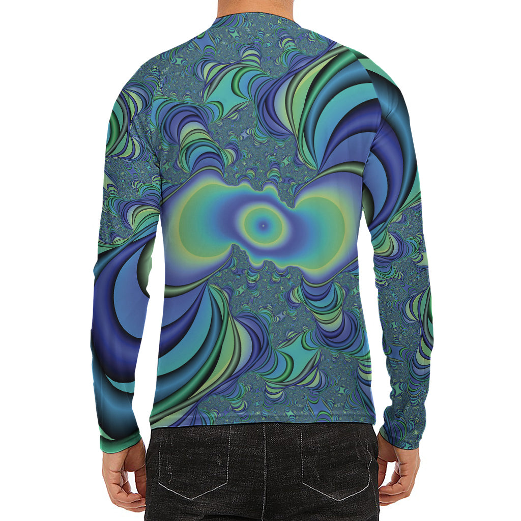 Blue Fractal Print Men's Long Sleeve Rash Guard