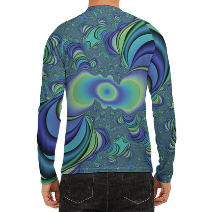 Blue Fractal Print Men's Long Sleeve Rash Guard
