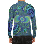 Blue Fractal Print Men's Long Sleeve Rash Guard