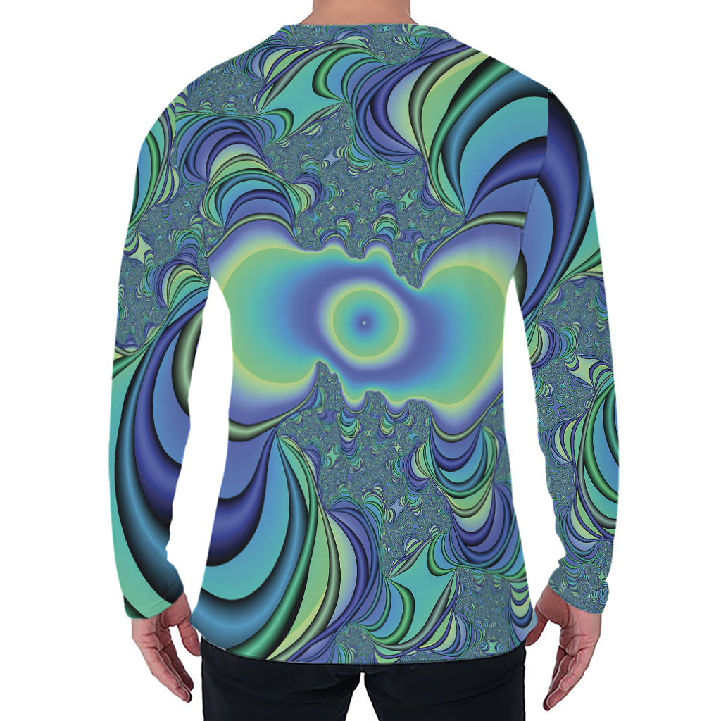 Blue Fractal Print Men's Long Sleeve T-Shirt