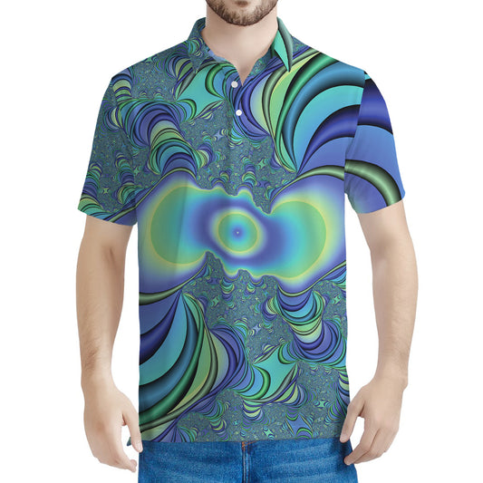 Blue Fractal Print Men's Polo Shirt