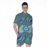 Blue Fractal Print Men's Rompers