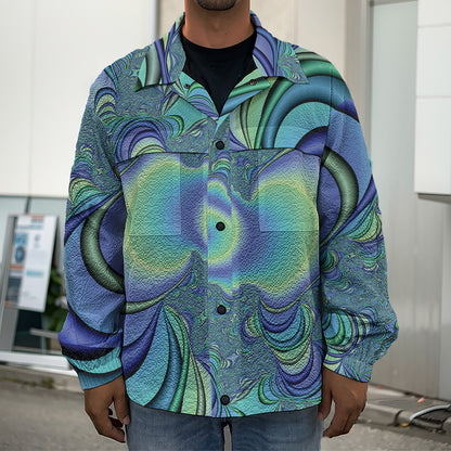Blue Fractal Print Men's Shirt Jacket